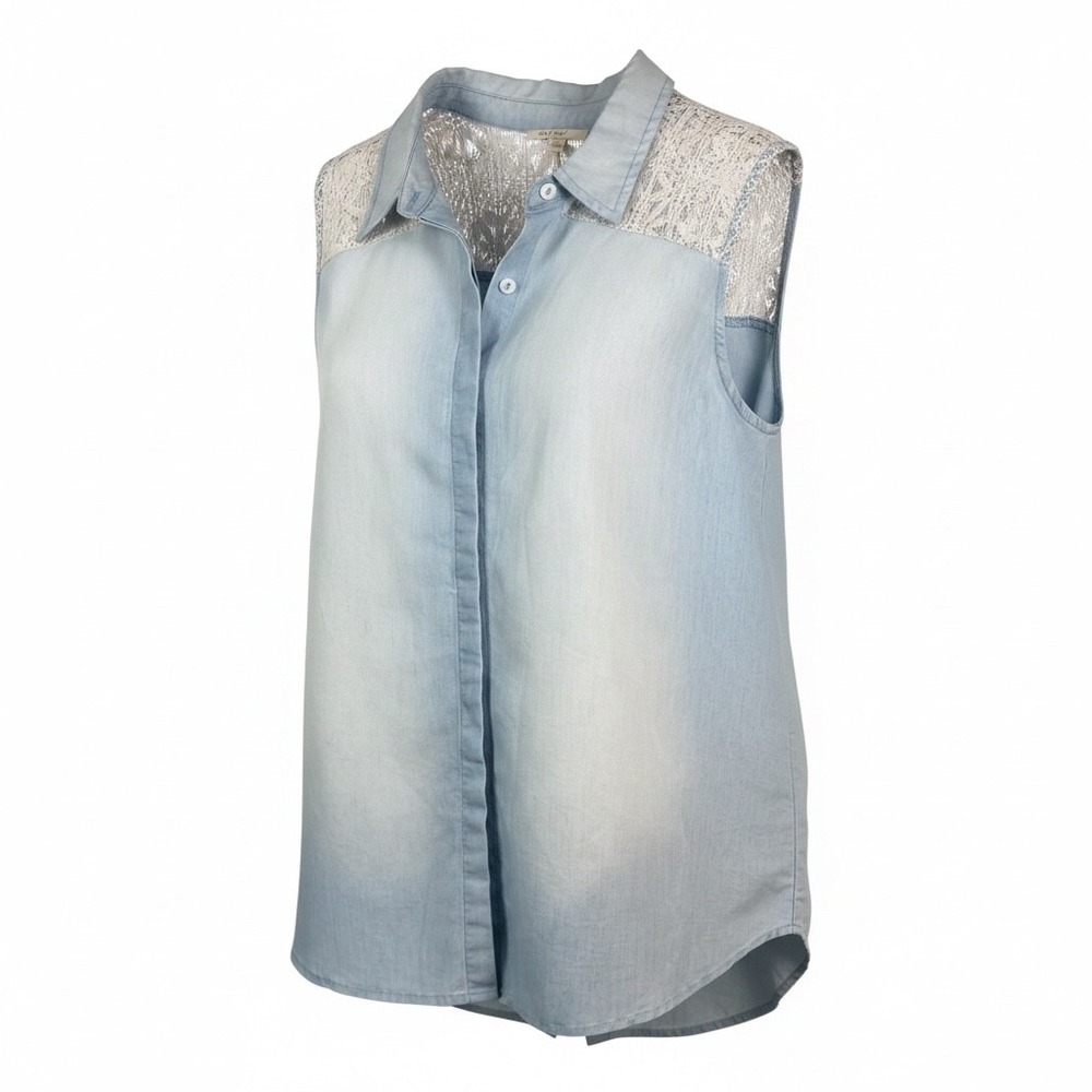 Mystree Womens Chambray Sleeveless Top Lace Yoke Light Wash Denim Blue Large